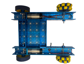 A blue metal structure with wheels and wires

Description automatically generated