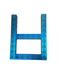 A blue metal letter with holes

Description automatically generated