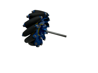 A blue and black wheel with a metal rod

Description automatically generated