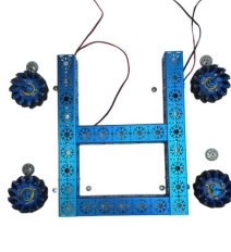 A blue metal frame with small wheels

Description automatically generated