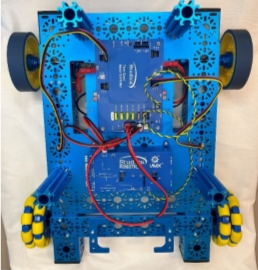 A blue robot with wheels and wires

Description automatically generated