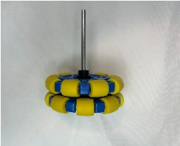 A yellow and blue object with a metal rod

Description automatically generated